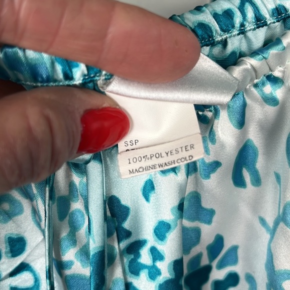 Full length, blue, turquoise and white stretch and tie waist Natori sleep pants - Picture 5 of 6